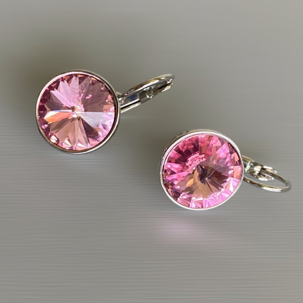 Pink Crystal Rivoli Lever back Silver tone Earrings NWOT
